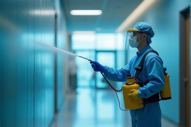 Sanitation specialist using advanced equipment to disinfect a high-traffic area